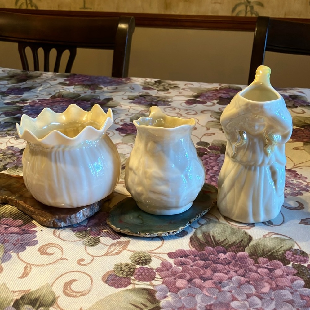 BELLEEK PITCHER CREAMER AND LARGER PITCHER IN THE SHAPE IF A LADY